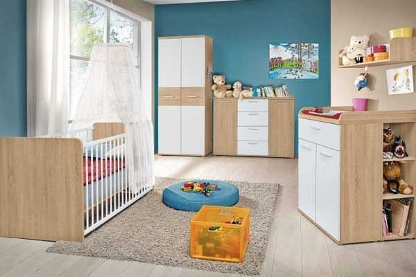 Babyzimmer Komplett Set Gitterbett Umbaubar Schrank Lattenrosz Weiß-Braun/CAFE 