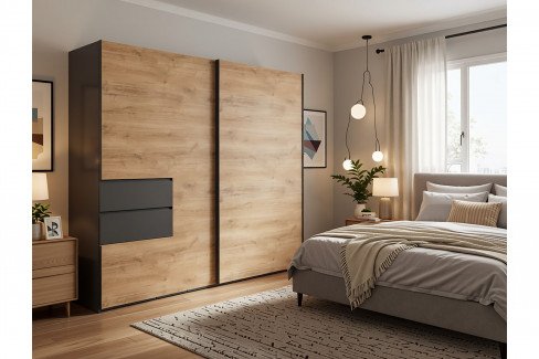 Palermo von Wimex - Schwebetürenschrank mit Schubkästen grafit/ schwarz