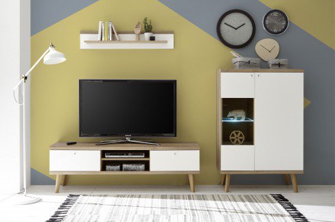 Lena von Kollektion Letz - Wohnwand 8V WM M1 Eiche Riviera/ weiß