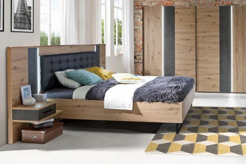 Fotyna von Forte - Schlafzimmer-Set mit Beleuchtung Eiche Artisan - Beton