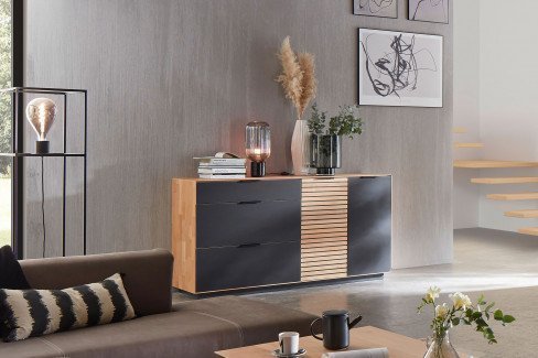 WM 2320 von Wöstmann - Wohnwand 0005 Wildeiche/ Metall carbonfarbig