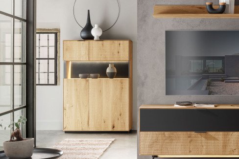 Lugano-living von TPT Möbel - Highboard mit Beleuchtung aus Wildeiche natur geölt