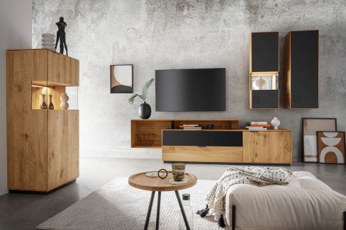 Lugano-living von TPT Möbel - Highboard mit Beleuchtung aus Wildeiche natur geölt