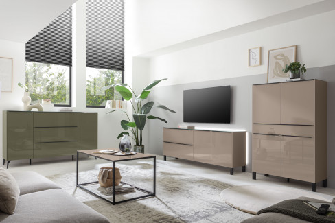Reno-living von set one by Musterring - Couchtisch Glas taupe/ Metall graphit-schwarz