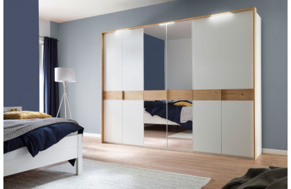 Multiline von SCHÖNER WOHNEN - 6-türiger Schrank weiß - Balkeneiche mit Spiegel