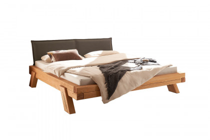 BE-0880 von GK Möbelvertrieb - Balkenbett Kiefernholz mit grauem Kopfteilpolster