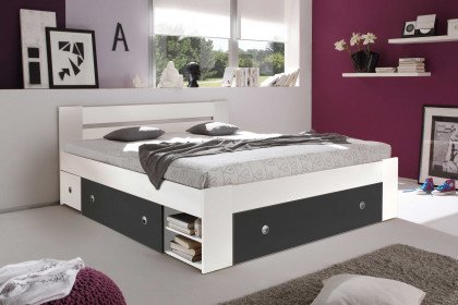 Stefan von POL Power - 140er Stauraumbett weiß - graphit mit Nachtkonsolen