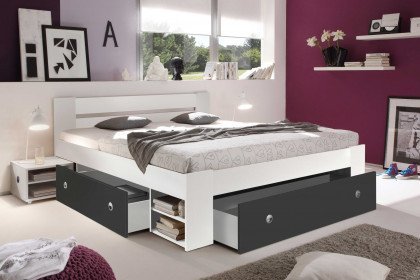 Stefan von POL Power - 140er Stauraumbett weiß - graphit mit Nachtkonsolen