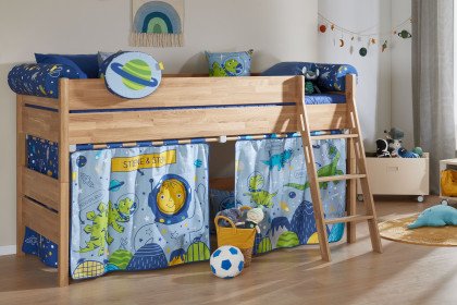 Sten von Paidi - Spielbett 120 Eiche massiv mit Vorhängen DINOS IM WELTALL