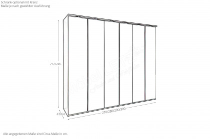 Glassystem von Disselkamp - 6-türiger Kleiderschrank Lack basalt/ Glas weiß