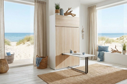 loop von Rudolf - Raumsparbett hoch mit Bettkasten & Ablage weiß - Esche