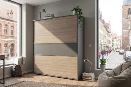 loop von Rudolf - Schrankklappbett quer mit Aufsatz schiefergrau - Nussbaum