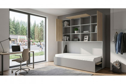 loop von Rudolf - platzsparendes Klappbett + Aufsatzschrank grau - Natureiche