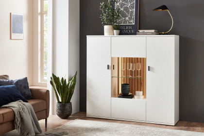 Morella von IDEAL Möbel - Highboard in Weiß mit Eichenrückwand
