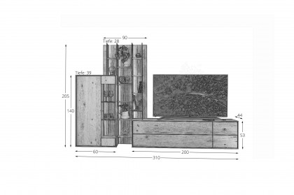 Vala von Hartmann - Wohnwand V42 aus massiver Kerneiche natur/ Parsolglas