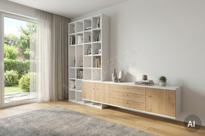 Manhattan von Rietberger - Sideboard mit Regal in Lack weiß und Eiche