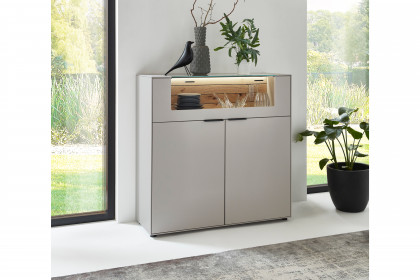 WM 2380 von Wöstmann - Highboard in samtgrauem Lack mit Glasklappe