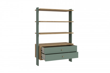 Whenua von Forte - Standregal breit mit 2 Schubladen Mauvella Oak - sage