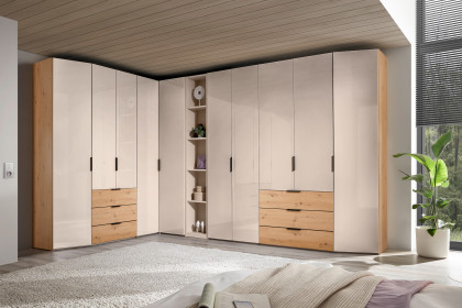 Sinfonie Plus Nova von Staud - Eckkleiderschrank-Kombi in Elfenbeinglas/ Artisan Eiche