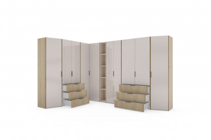 Sinfonie Plus Nova von Staud - Eckkleiderschrank-Kombi in Elfenbeinglas/ Artisan Eiche