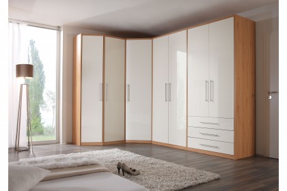 MULTIFLEX von Schlüter Möbelfabrik - Eck-Kleiderschrank mit Schräge Kernbuche - Hochglanz weiß