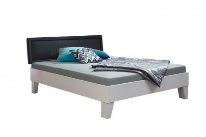 Premium von BED BOX - grau-weißes Holzbett mit Polsterkopfteil