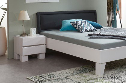 Premium von BED BOX - grau-weißes Holzbett mit Polsterkopfteil