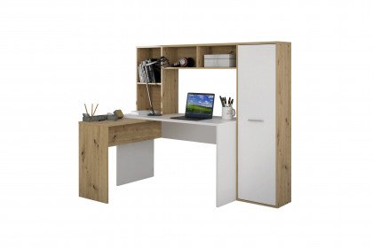 Eriadu von Forte - Eck-Schreibtisch mit Stauraum - Artisan Eiche/ weiß