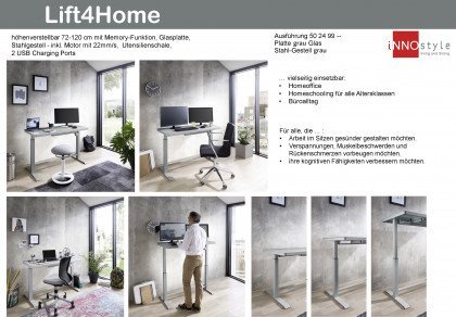 Lift4home von Innostyle - Schreibtisch mit grauer Glasplatte
