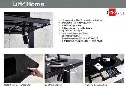 Lift4home von Innostyle - Schreibtisch mit schwarzer Glasplatte