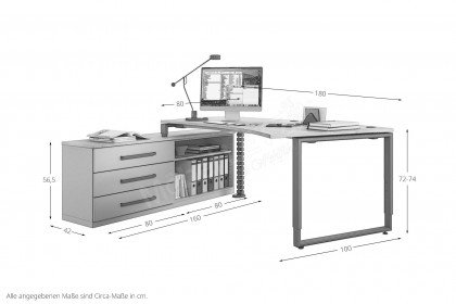 objekt.plus von Röhr-Bush - Schreibtisch mit Lowboard, mittelgrau/ Hickory