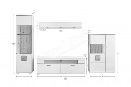 Topeka von IDEAL Möbel - Wohnwand 103 weiß mit Eichen-Akzenten