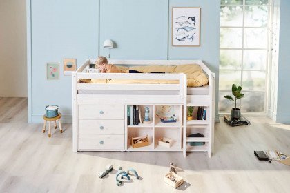 Classic-LE16 von FLEXA - halbhohes Kinderbett mit Stauraum Kiefer white washed