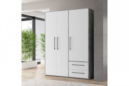Mokkaris von Forte - schmaler Schrank mit 3 Türen & 2 Schubladen weiß - Beton