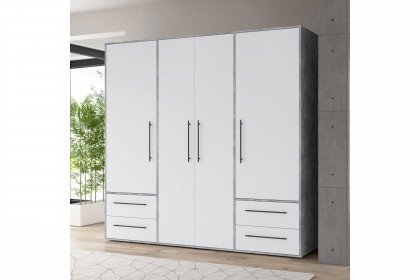 Mokkaris von Forte - Schlafzimmerschrank 4-türig mit 4 Schubladen weiß - Beton