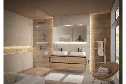 Revento Line von Musterring - Badezimmer in Riviera Eiche & schwarz matt