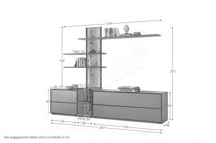 Trevio von Musterring - Wohnwand V20 Kerneiche massiv/ anthrazit/ Glas