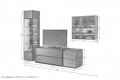 Trevio von Musterring - Wohnwand V26 Kerneiche massiv/ anthrazit/ Glas