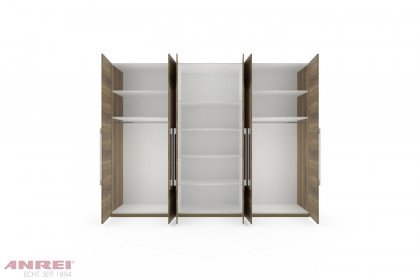 Tesso von ANREI - Kleiderschrank 6-türig Astnuss natur geölt - Glas schwarzgrau