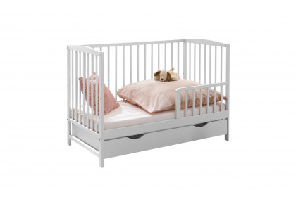 Teffy von BEGABINO - Babybett weiß mit Schubkasten + Umbauseite