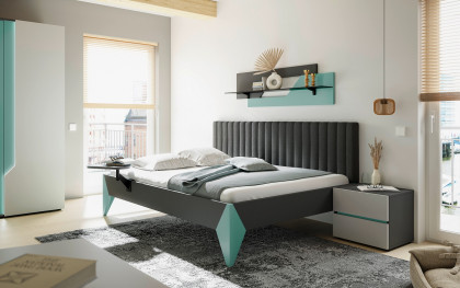 ZE+ von Rudolf - Bett 140x200 cm Polsterkopfteil anthrazit - Füße Lack türkis