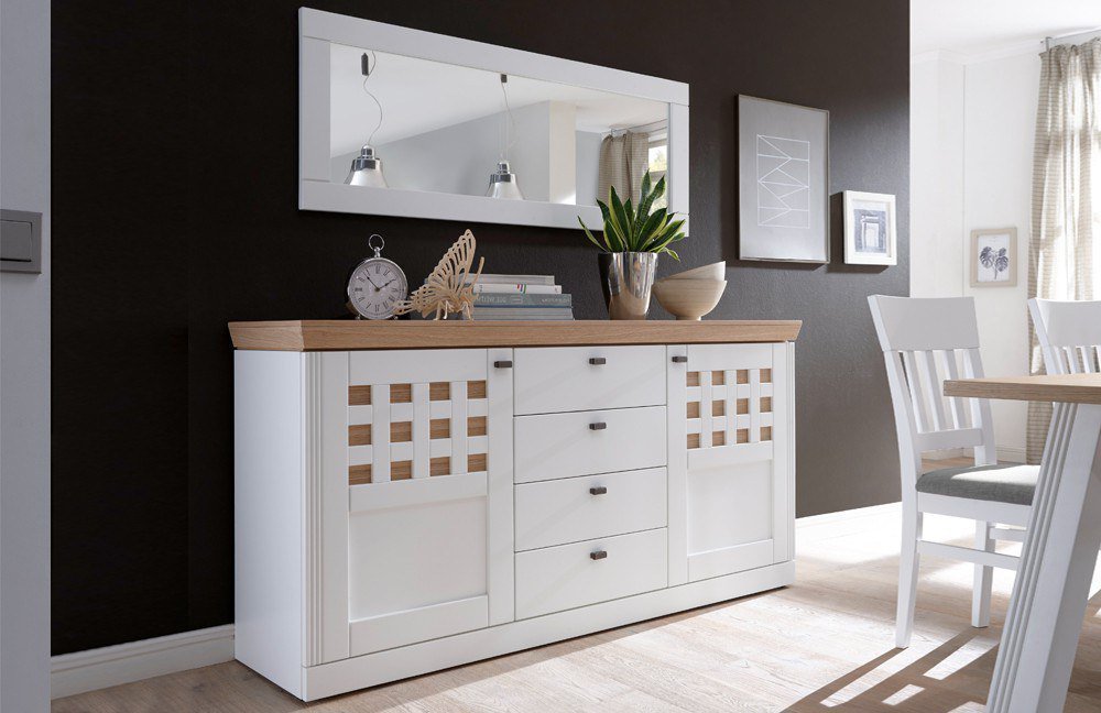 LMiE Sideboard Bolero Lack weiß/ Eiche furniert Möbel