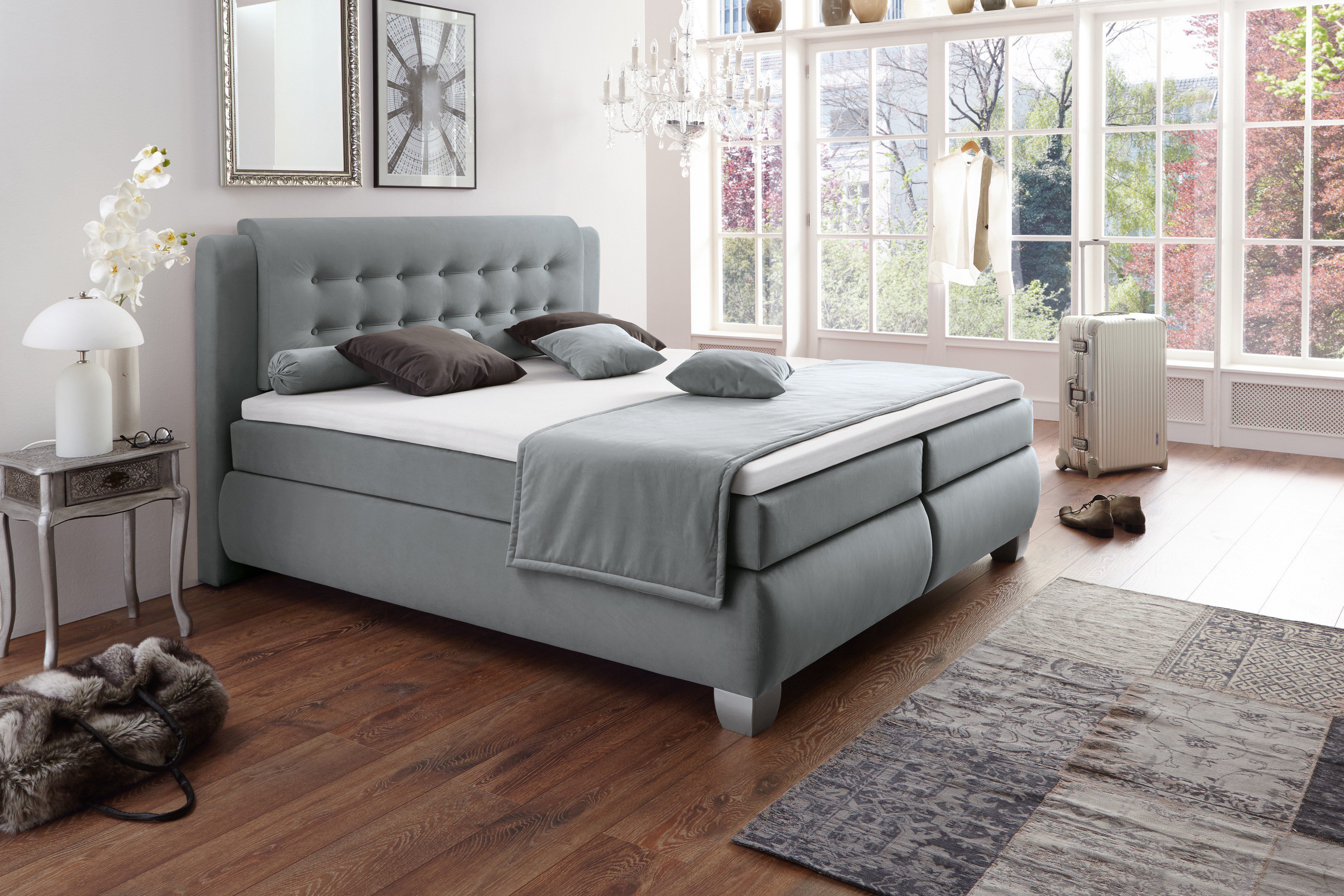 Hapo chester boxspringbett in grau mit gepolstertem kopfteil ...