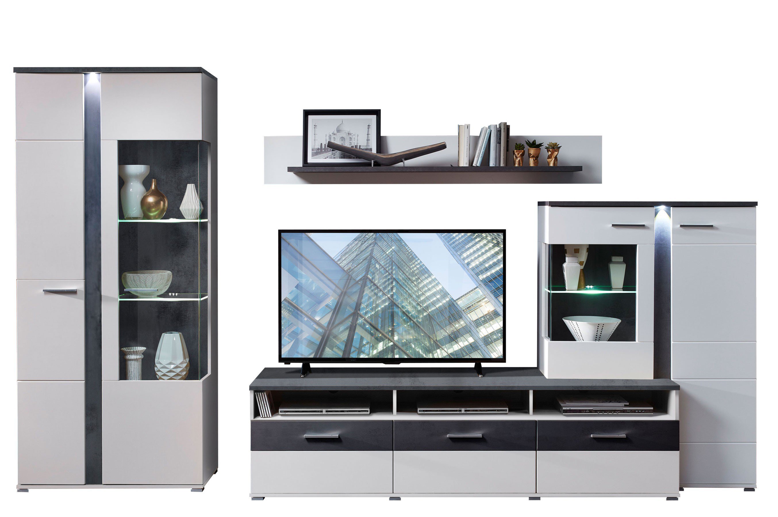 Innostyle Wohnwand Spurt weiß mit Absetzungen in Betonoxid Nachbildung