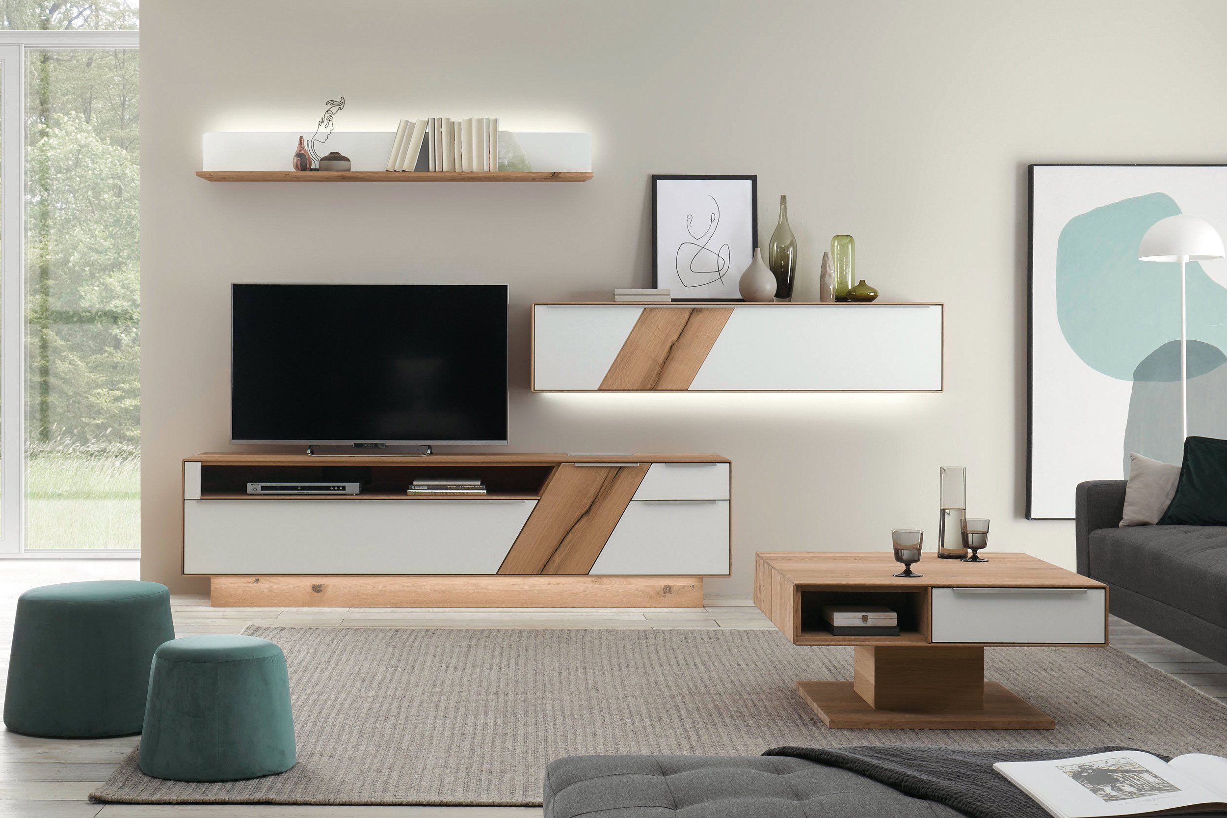 Decker Wohnwand Ramos V15470 Asteiche/ Möbel Online-Shop | Farbglas weiß - Letz Ihr