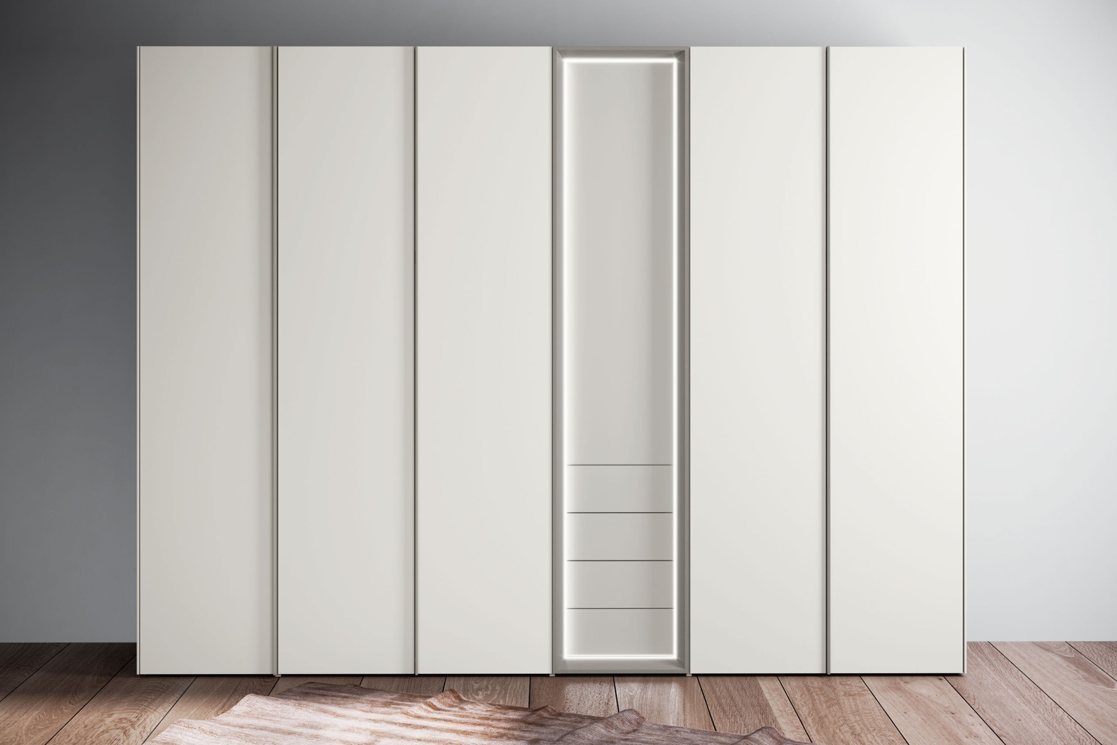 Stylischer Kleiderschrank mit einer Spiegeltür Liskamm 42, Farbe: Weiß matt  / Schwarz matt - Abmessungen: 200 x 200 x 62 cm (H x B x T), mit 10 Fächern  und zwei Kleiderstangen