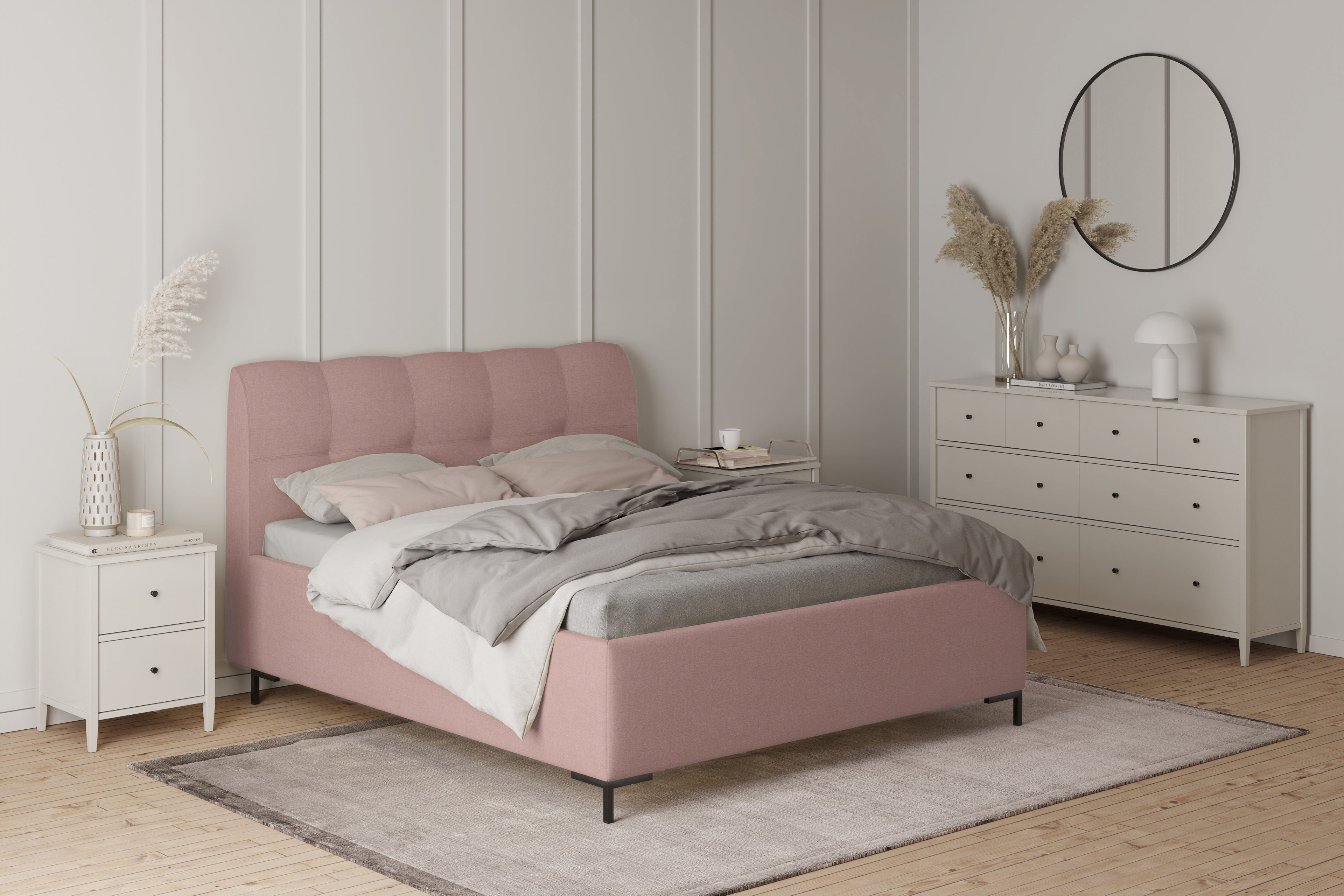 Rosa Farbe Zubehör In Hellen Weißen Schlafzimmer Mit Kingsize-Bett