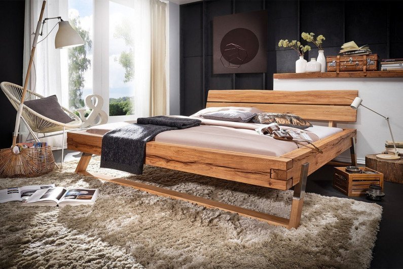 BE-0276 von GK Möbelvertrieb - Balken-Doppelbett aus Wildbuche